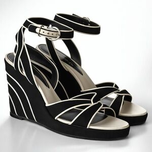Salvatore Ferragamo Canvas& Leather Wedges, Ankle Strap, B/W, GUC, 38 (7.5)